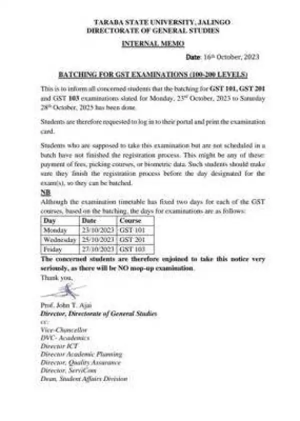 TASU notice on batching for GST examination (100 & 200 Levels)