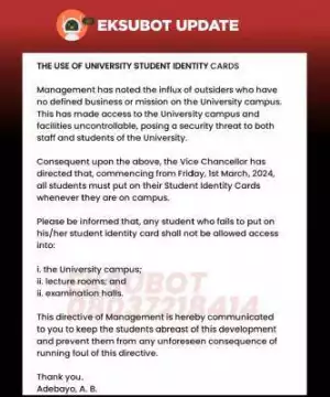 EKSU notice to students on the use of identity cards