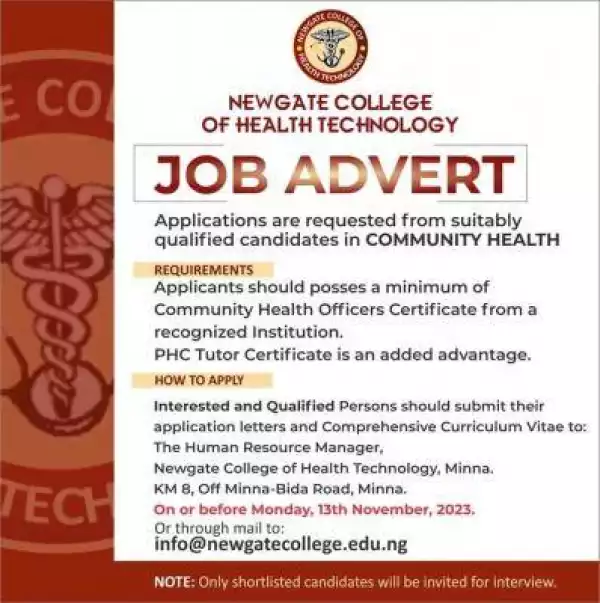 Newgate College of Health Tech announces job advert