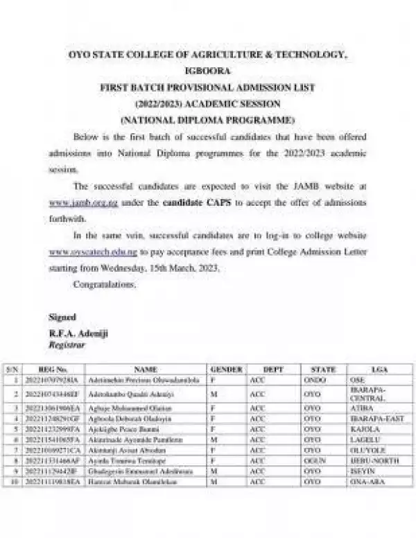 Oyo State College Of Agriculture ND 1st batch Provisional admission list, 2022/2023