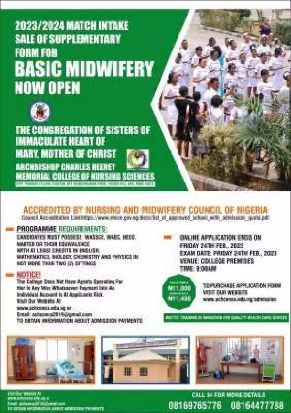 Archbishop Charles Memorial College of Nursing Science supplementary form for Basic Midwifery, 2023/2024