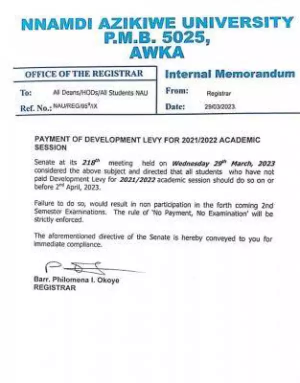 UNIZIK notice on payment of development Levy, 2021/2022