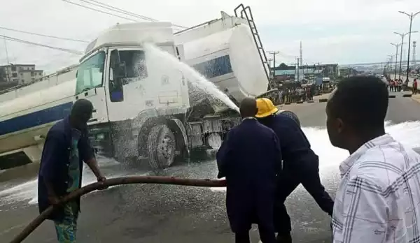 Commotion As Loaded Petrol Tanker Falls In Ogun