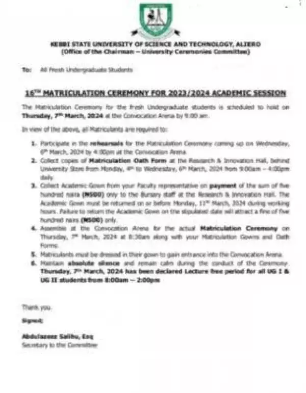 KSUSTA announces 16th matriculation ceremony, 2023/2024