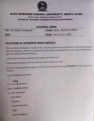 FUNAI notice to students on vacation from hostels