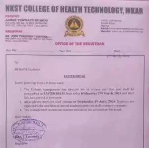 NKST College of Health Tech notice of Easter break