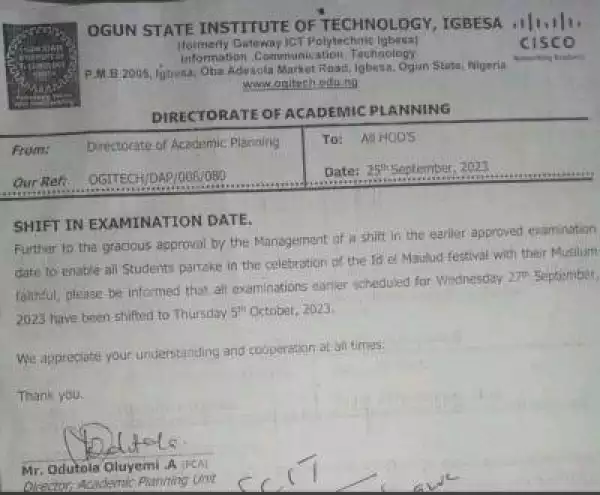 OGITECH notice on shift in examination date