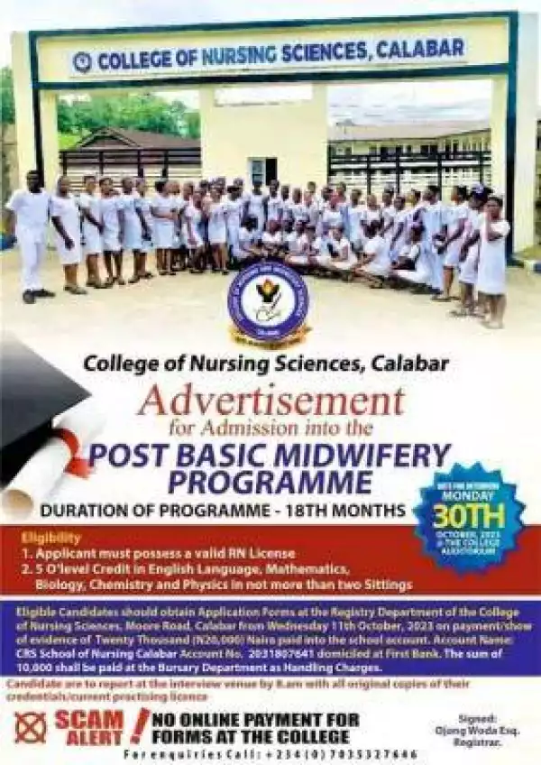 College of Nursing Sciences Calabar Post Basic Midwifery admission form, 2023/2024