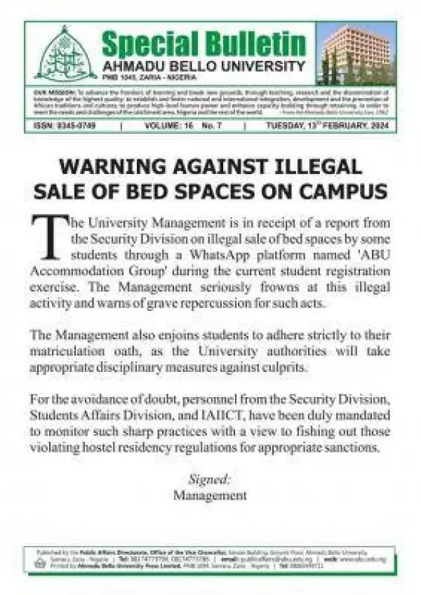 ABU warns against illegal sale of bed spaces on campus