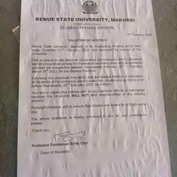 BSUM notice on vacation of hostels