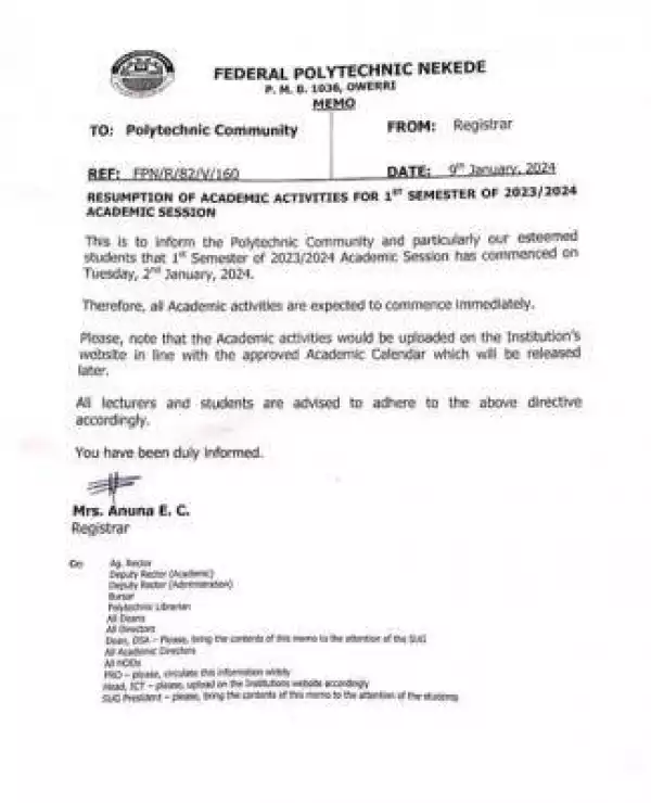 Federal Poly Nekede notice to resumption of 1st semester activities, 2023/2024