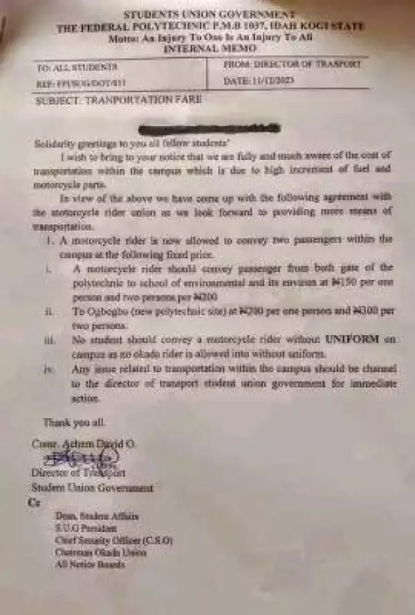 Federal Poly Idah notice to students on cost of transportation within the Polytechnic campus
