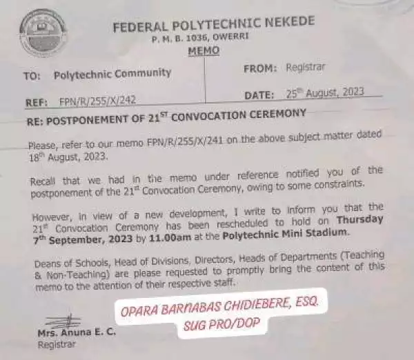 Fed Poly Nekede announces new date for 21st Convocation Ceremony