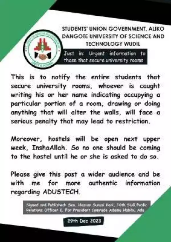 ADUSTECH SUG warns students staying in university hostel against defacing of hostel walls