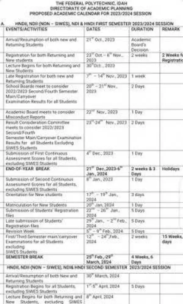 Federal Polytechnic, Idah proposed academic calendar, 2023/2024