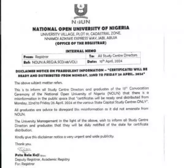 NOUN disclaimer notice on distribution of certificates