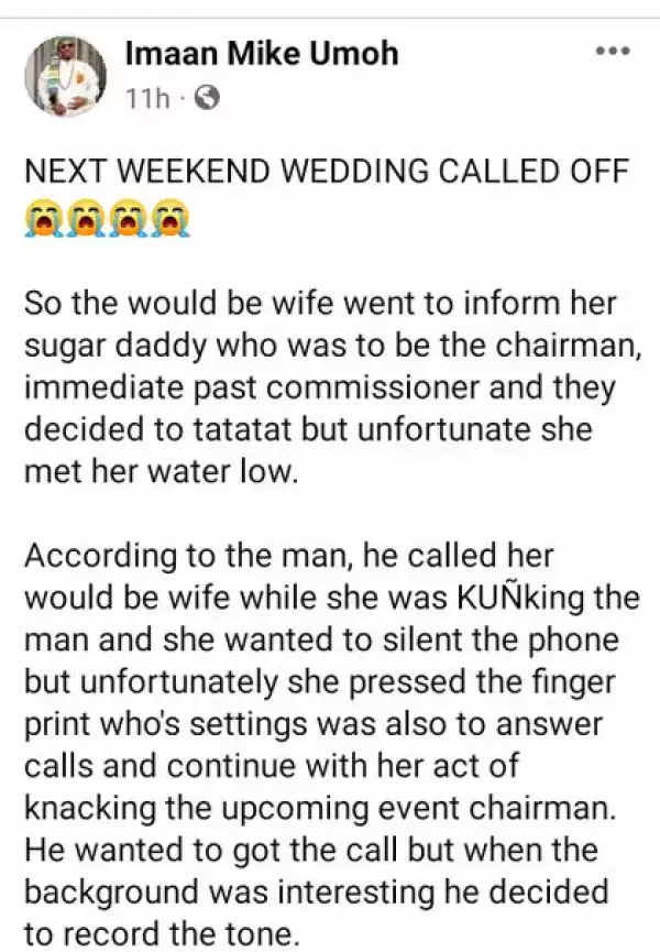 Nigerian Man Calls Off His Wedding After He Overheard Bride-to-be Having S3x With Her Sugar Daddy