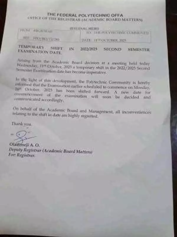 The Fed Poly Offa notice on postponement of 2nd semester exam, 2022/2023