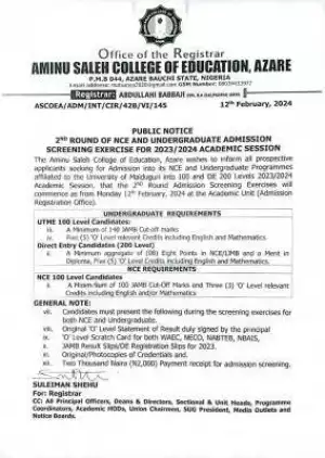 Aminu Saleh COE announces 2nd round of NCE & Undergraduate admission screening exercise, 2023/2024