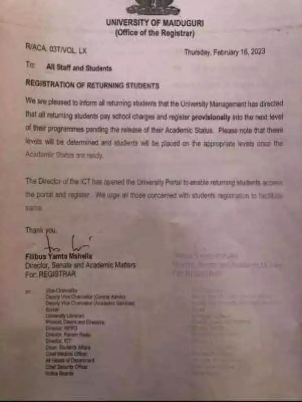 UNIMAID notice on registration of returning students