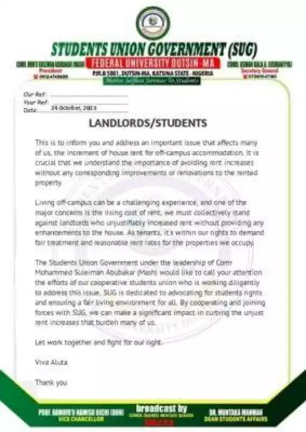 FUDUTSIN-MA SUG notice to students staying off-campus over increment of house rents