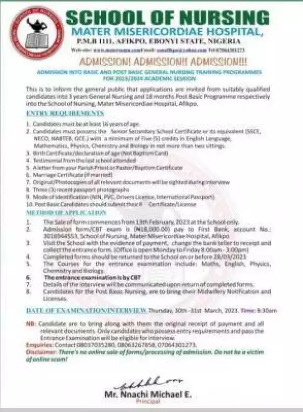School of Nursing Mater Misericordiae, Ebonyi Admission form, 2023/2024