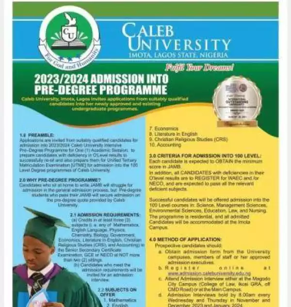 Caleb University releases Pre degree Admission form for 2023/2024 session
