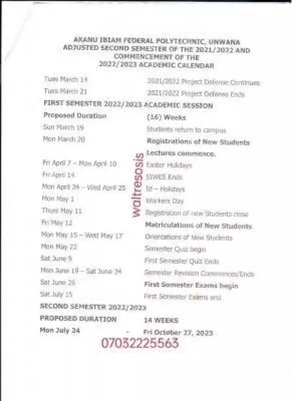 Akanu Ibiam Poly adjusted academic calendar, 2021/2022 & 2022/2023